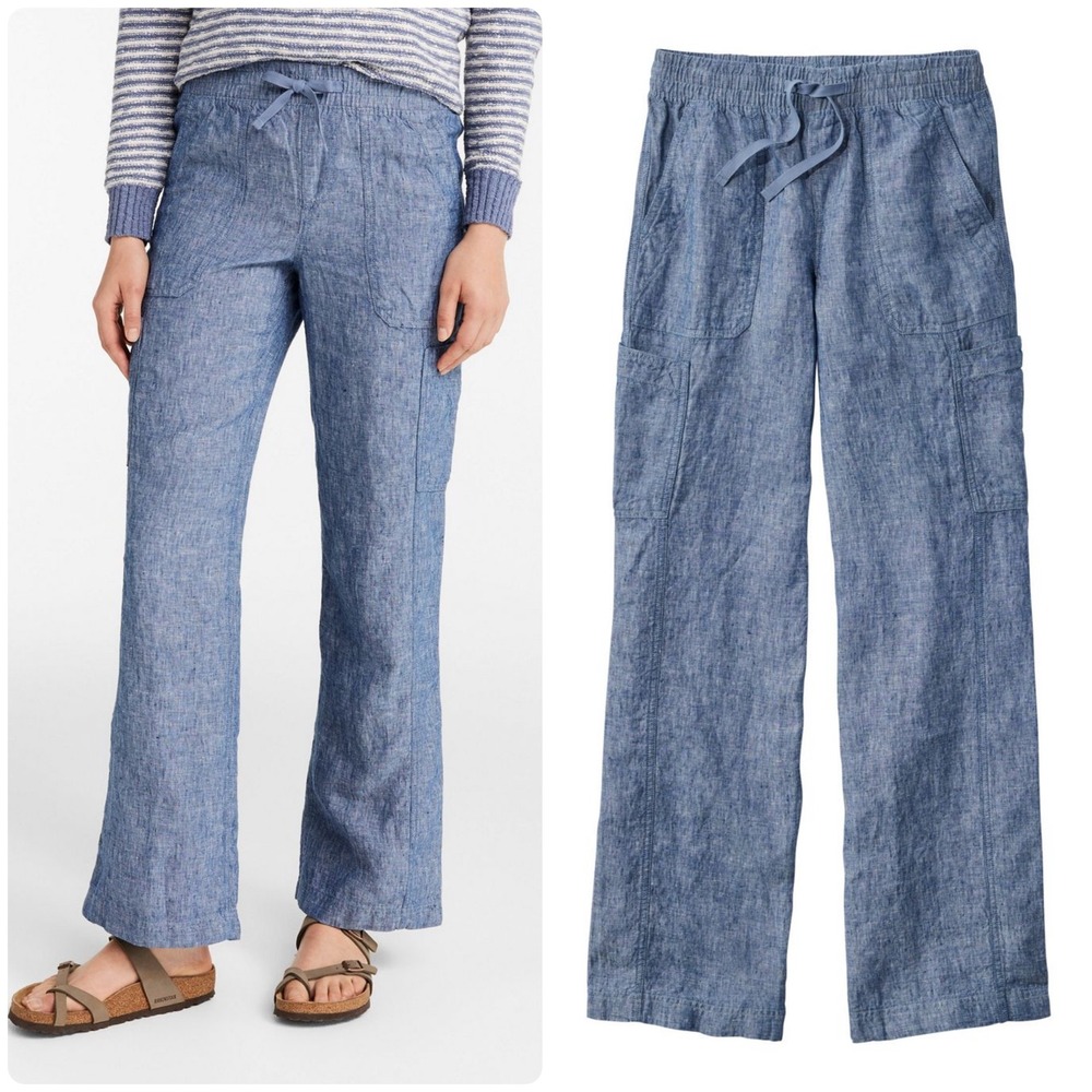 L.L. Bean Womens 100% Linen Breezy Pull On‎ Utility Wide Leg Pants Size 18 Tall